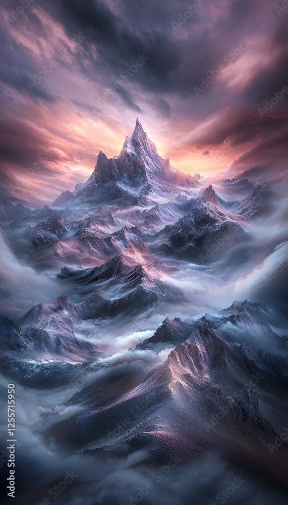 Moody mountain range at sunrise, peaks glowing with surreal purples and pinks, cinematic chiaroscuro lighting enhancing depth and intrigue Moody mountain range at sunrise, peaks glowing with surreal purples and pinks, cinematic chiaroscuro lighting enhancing depth and intrigue