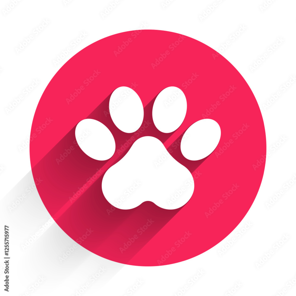 White Paw print icon isolated with long shadow background. Dog or cat paw print. Animal track. Red circle button. Vector White Paw print icon isolated with long shadow background. Dog or cat paw print. Animal track. Red circle button. Vector
