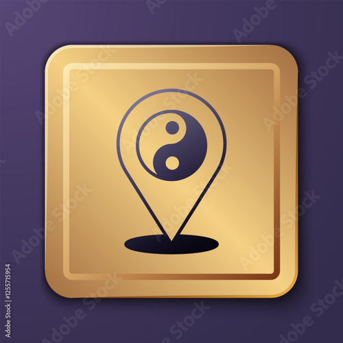 Purple Yin Yang symbol of harmony and balance icon isolated on purple background. Gold square button. Vector