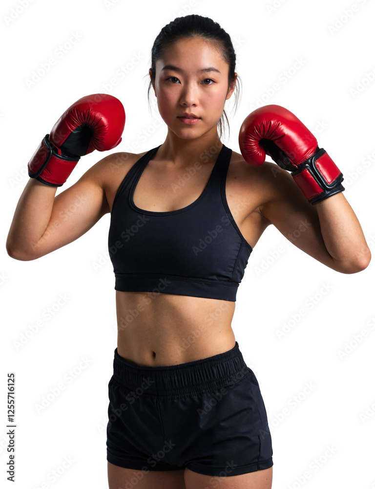 fit Asian woman with black hair, wearing a black sports bra and shorts, flexing in red boxing gloves. fit Asian woman with black hair, wearing a black sports bra and shorts, flexing in red boxing gloves.