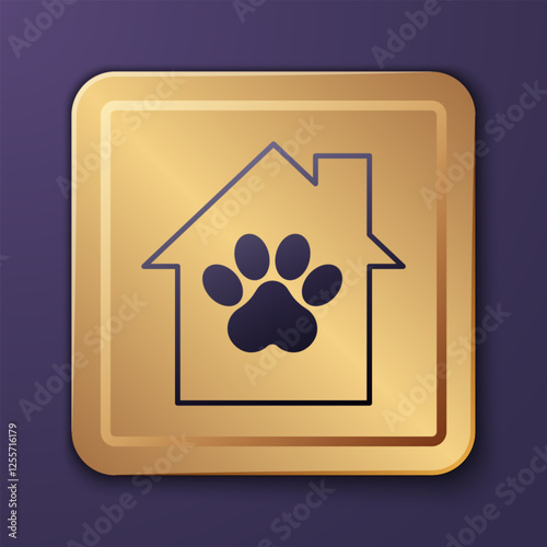 Purple Pet house icon isolated on purple background. Gold square button. Vector