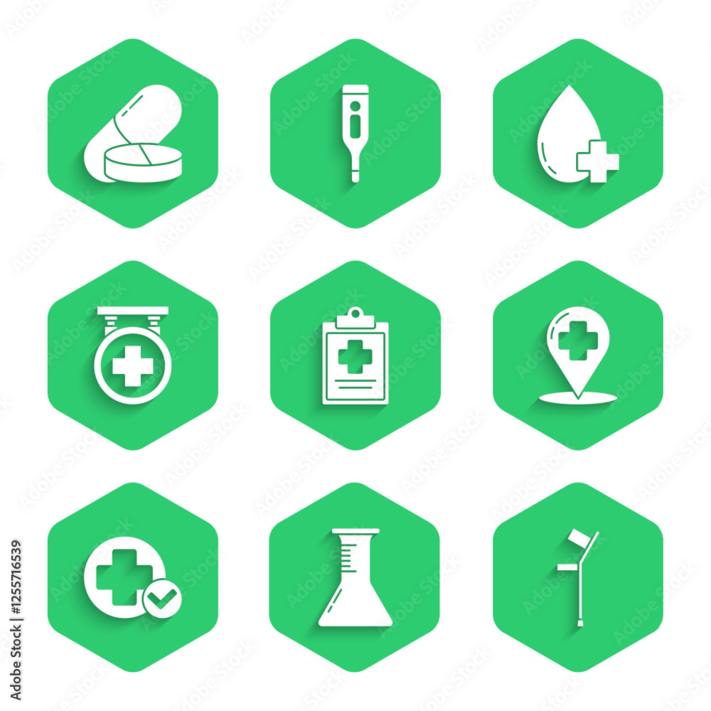 Set Medical clipboard with clinical record, Test tube and flask, Crutch crutches, Map pointer cross hospital, Cross medical, Hospital signboard, Donate drop blood and Medicine pill tablet icon. Vector Set Medical clipboard with clinical record, Test tube and flask, Crutch crutches, Map pointer cross hospital, Cross medical, Hospital signboard, Donate drop blood and Medicine pill tablet icon. Vector