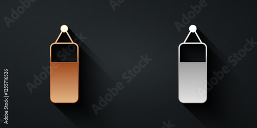 Gold and silver Punching bag icon isolated on black background. Long shadow style. Vector