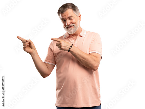 Happy mature business man entrepreneur, smiling older professional manager, confident businessman presenting ads advertising product or service isolated on transparent background.