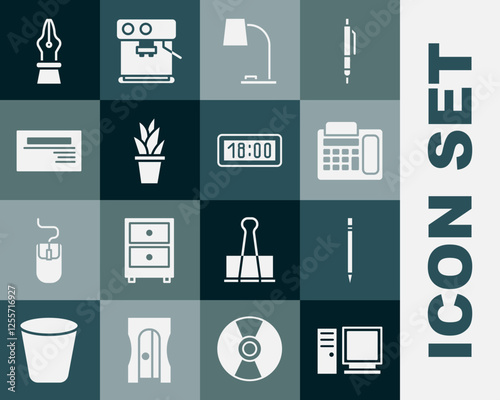Set Computer monitor, Pencil with eraser, Telephone, Table lamp, Plant in pot, Business card, Fountain pen nib and Digital alarm clock icon. Vector