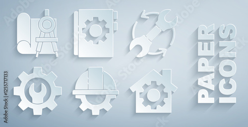 Set Worker safety helmet and gear, Wrench arrows as workflow, spanner, House with, User manual and Graphing paper compass icon. Vector