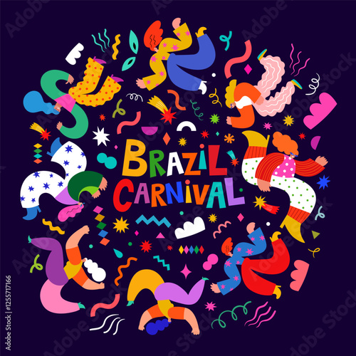 Beautiful holiday vector illustration with dancing people. Design for holiday celebration, Brazil Carnival or party