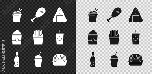 Set Asian noodles and chopsticks, Chicken leg, Onigiri, Bottle of water, Milkshake, Burger, Popcorn in box and Potatoes french fries icon. Vector