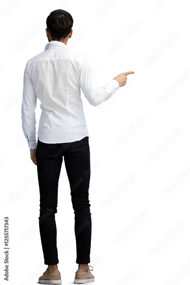 A young man on a white background in full growth shows his hand to the side A young man on a white background in full growth shows his hand to the side