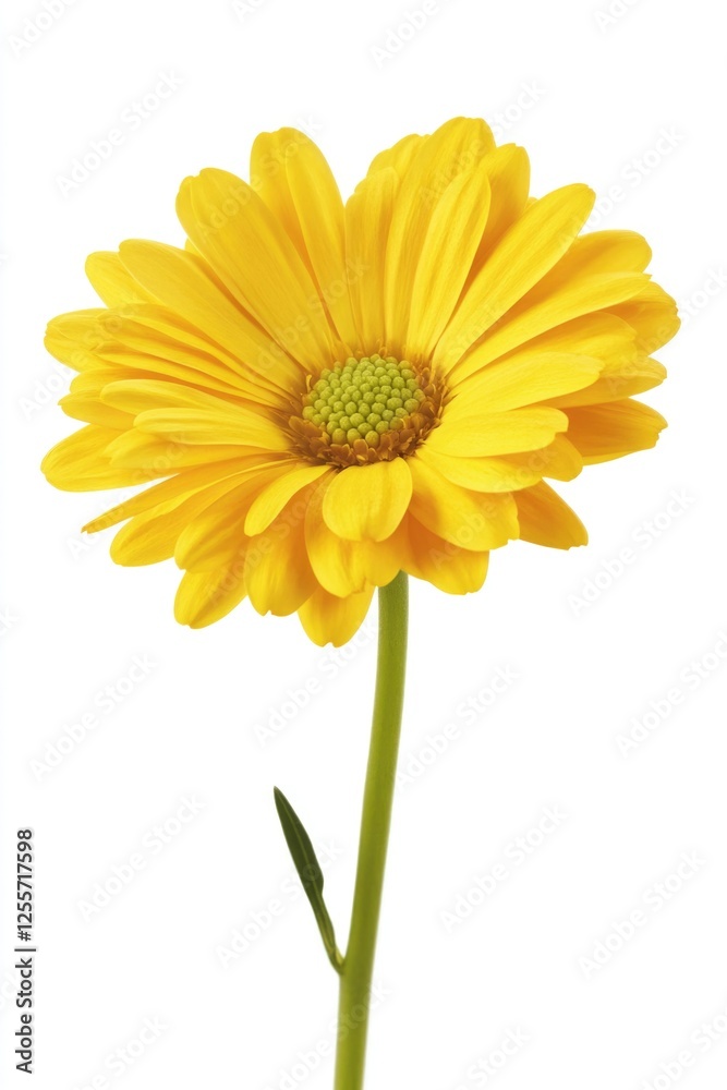 A bright yellow flower blooms on its stem A bright yellow flower blooms on its stem