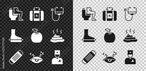 Set Constipation, First aid kit, Stethoscope, Medical protective mask, Insomnia, Male doctor, Flat foot and Apple icon. Vector