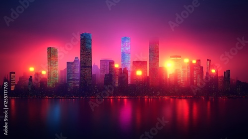 Illuminated Cityscape at Sunset Over Water