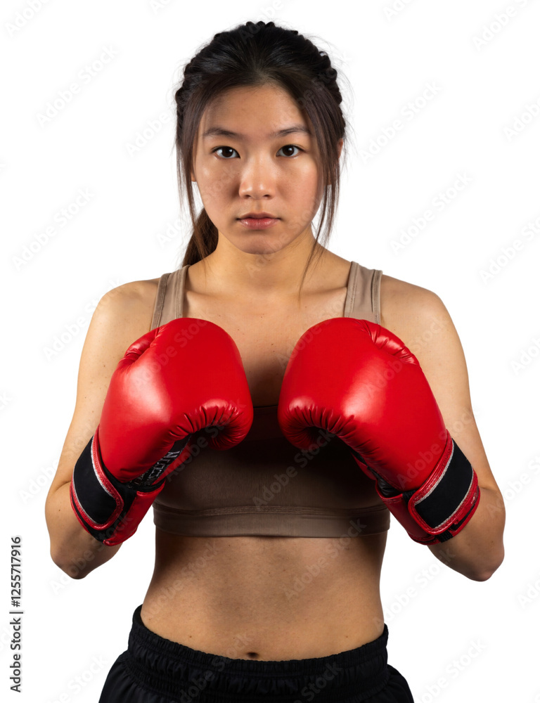 A woman with long dark hair, wearing a beige tank top and red boxing gloves, stands against a white background. A woman with long dark hair, wearing a beige tank top and red boxing gloves, stands against a white background.