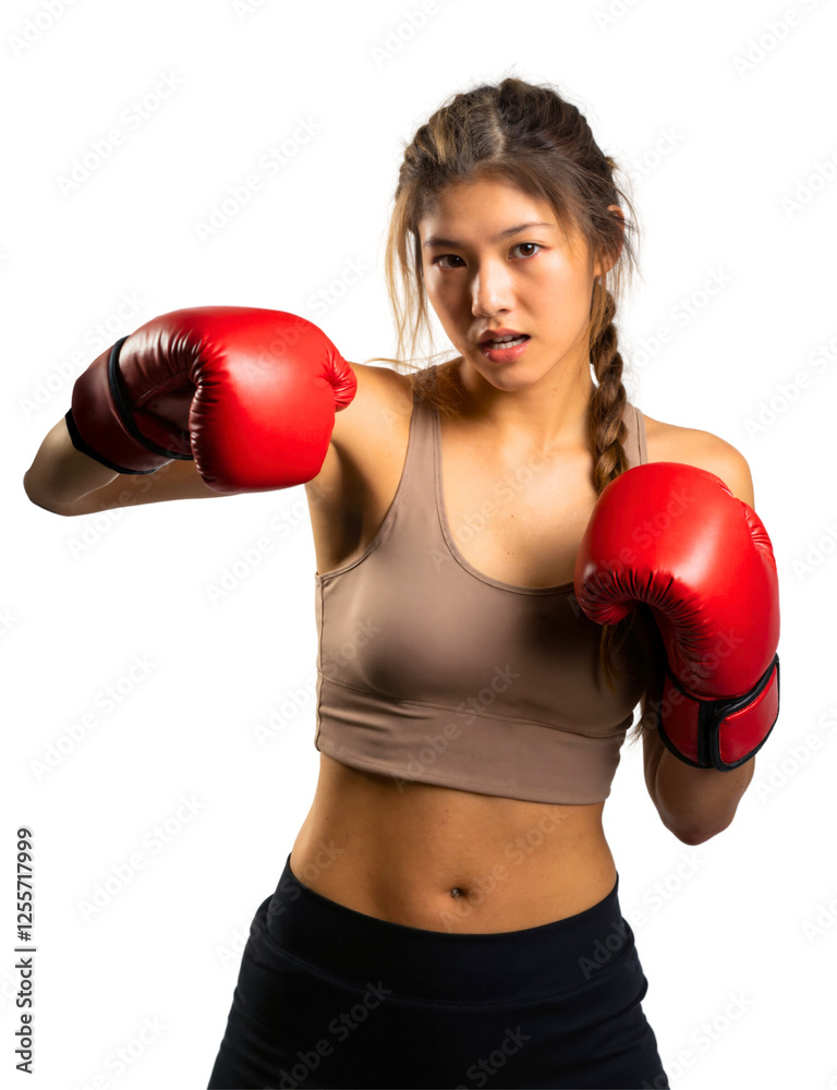 A woman with braided hair, wearing a beige sports bra and black pants, stands with red boxing gloves. A woman with braided hair, wearing a beige sports bra and black pants, stands with red boxing gloves.