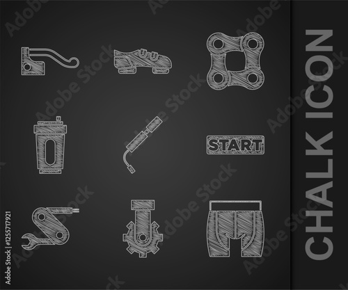 Set Bicycle air pump, Derailleur bicycle rear, Cycling shorts, Ribbon finishing line, Swiss army knife, Sport bottle with water, chain and brake icon. Vector