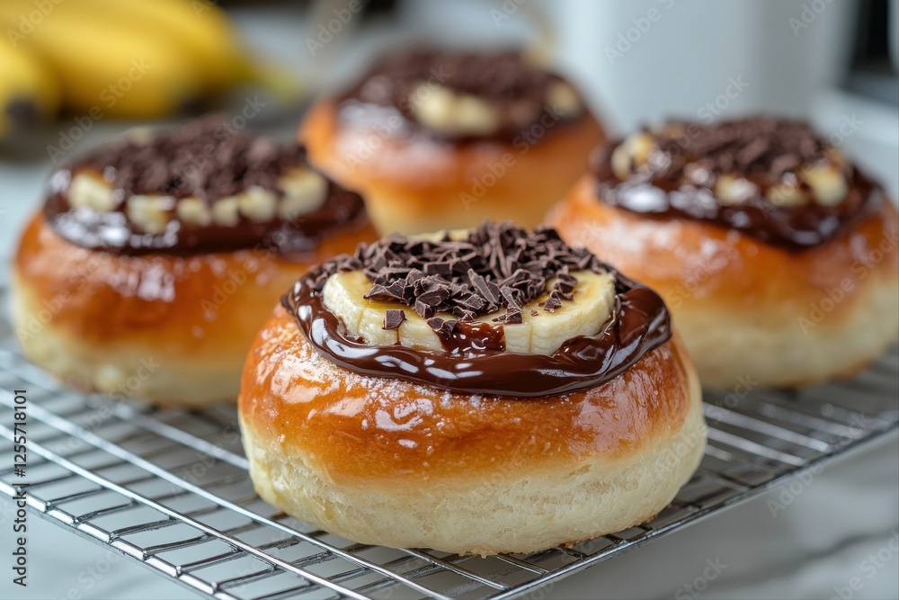 Delicious chocolate banana donuts bakery food photography cozy kitchen close-up sweet treats Delicious chocolate banana donuts bakery food photography cozy kitchen close-up sweet treats