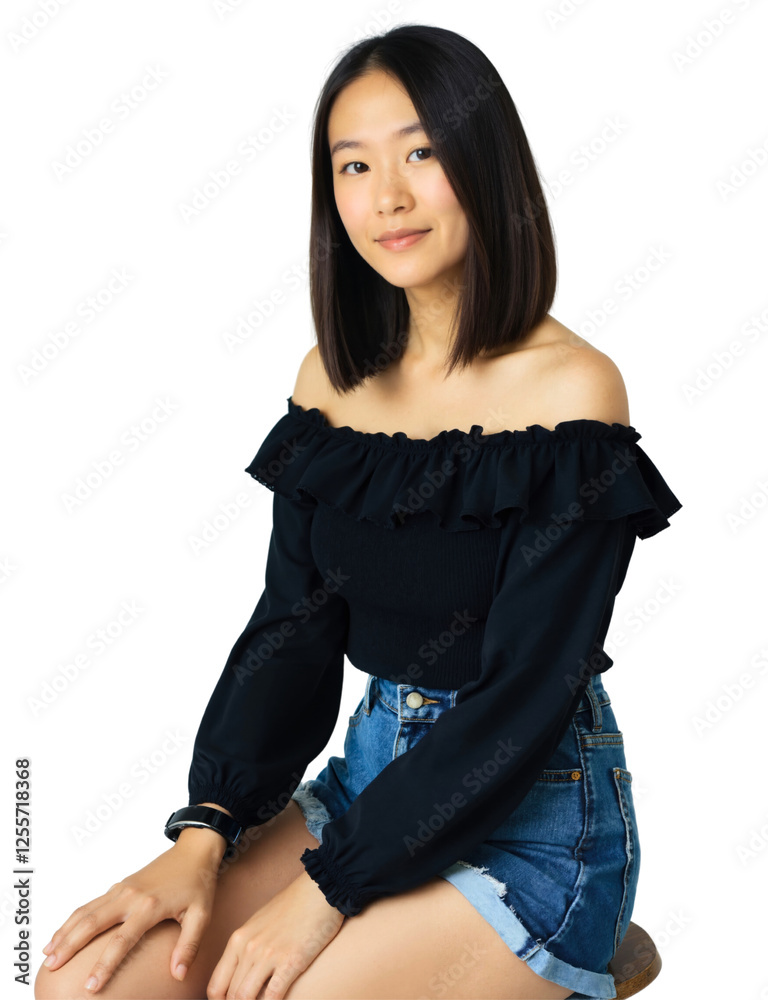 woman with a bob haircut, wearing a black off-the-shoulder top and denim shorts, sitting against a plain white background. woman with a bob haircut, wearing a black off-the-shoulder top and denim shorts, sitting against a plain white background.