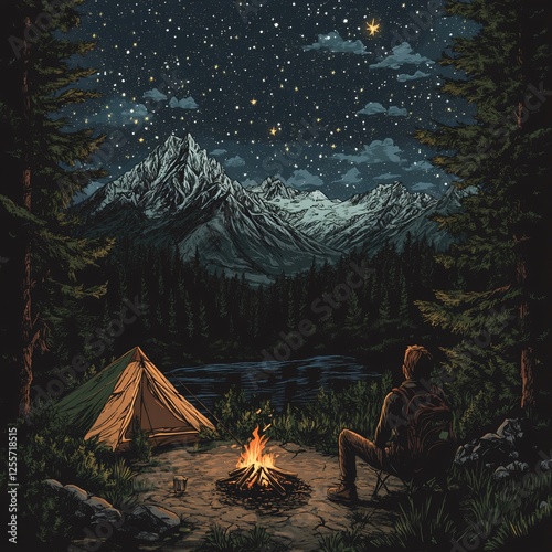 Camping adventure under starry night sky mountain lake digital art tranquil wilderness wide angle exploration photo
