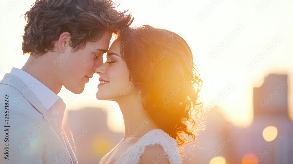 Golden Hour Romance: A young couple, bathed in the warm glow of the setting sun, share an intimate moment, their foreheads gently touching. The city skyline forms a soft, dreamy backdrop. Golden Hour Romance: A young couple, bathed in the warm glow of the setting sun, share an intimate moment, their foreheads gently touching. The city skyline forms a soft, dreamy backdrop.