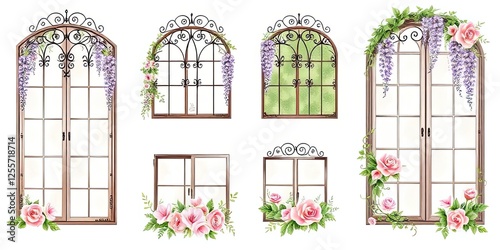 Romantic Floral Windows Doors Frames Watercolor Roses Wisteria Spring Home Decor Cottagecore