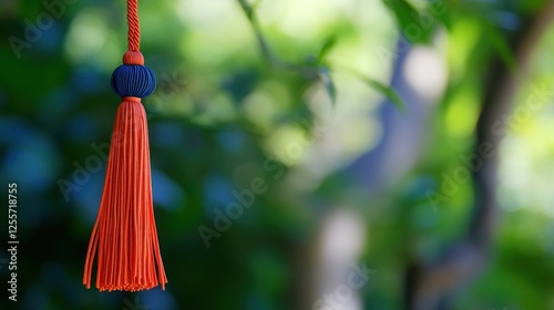 Wallpaper Mural Elegant Orange Tassel with Blue Ornament Against a Blurred Green Background Torontodigital.ca