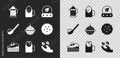 Set French press, Cup of tea with lemon, Tea leaf, Piece cake, rose, in hand, Spoon sugar and Ball strainer icon. Vector