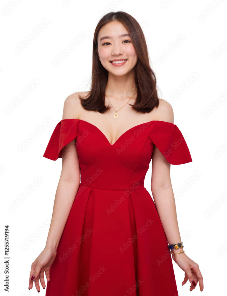 A young woman with straight, shoulder-length brown hair smiles in a bright studio, wearing a red, off-the-shoulder dress. A young woman with straight, shoulder-length brown hair smiles in a bright studio, wearing a red, off-the-shoulder dress.