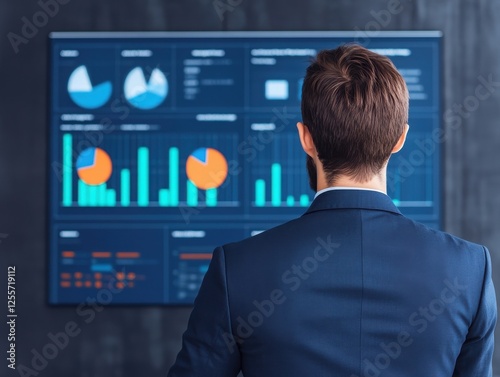 A businessman analyzes data on a screen, featuring various graphs and charts, showcasing analytical skills and decision-making.