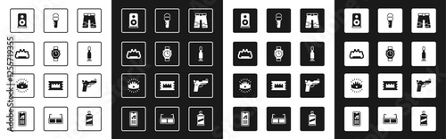 Set Wide pants, Wrist watch, Brass knuckles, Stereo speaker, Bullet, Microphone, Pistol or gun and King crown icon. Vector