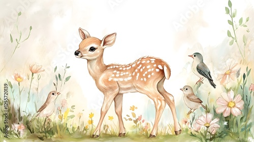 A Fawn and Two Birds Amongst Wildflowers