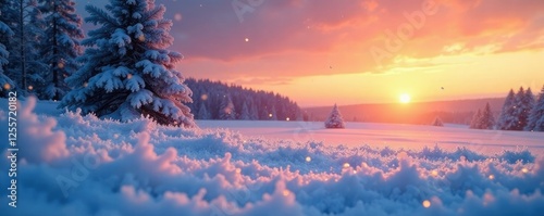 Frosty landscape with snowflakes falling in the fading light of sunset, sky, cold, frostylandscape photo