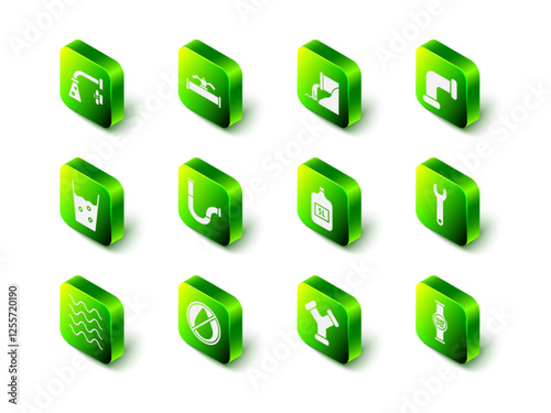 Set Industry pipe and valve, Wastewater, metallic, Wrench spanner, Water meter, Big bottle with clean, and drop forbidden icon. Vector