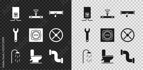 Set Gas boiler with a burning fire, Industry pipe and valve, Broken leaking water, Shower, Toilet bowl, metallic, Wrench spanner and Manhole sewer cover icon. Vector