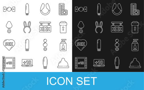 Set line Condom, Personal lubricant, Vagina masturbator, Dildo vibrator, Mask with long bunny ears, Anal plug, Silicone ball gag belt and Sex shop icon. Vector