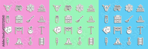 Set line Railway, railroad track, Pickaxe, Mexican sombrero hat, Revolver cylinder, Wild west saloon, Quiver with arrows, Buffalo skull and Native American indian smoking pipe icon. Vector