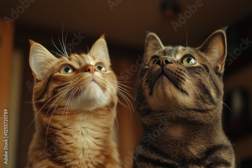 Two curious cats gazing upwards