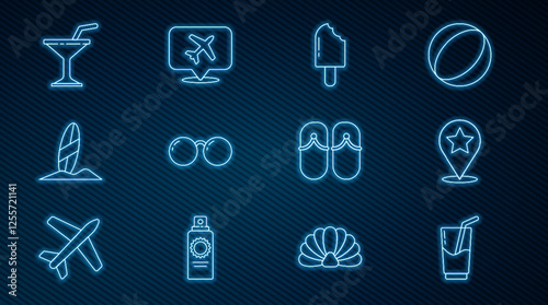 Set line Cocktail and alcohol drink, Map pointer with star, Ice cream, Glasses, Surfboard, Martini glass, Flip flops and Speech bubble airplane icon. Vector