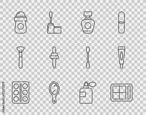 Set line Eye shadow palette, Perfume, Hand mirror, Antiperspirant deodorant roll, Pipette, and Cream lotion cosmetic tube icon. Vector