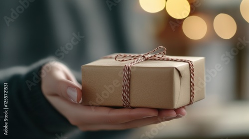 Hand Holding a Gift Box Wrapped in Brown Paper with String Bow photo