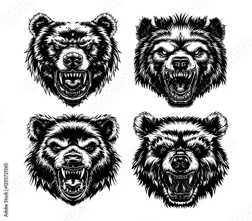 Aggressive bear avatars black ink sketch vector set. Angry grizzly fangs open jaw grinning enraged animal fur face, wild untamed ursine muzzles predator beast heads, isolated illustrations