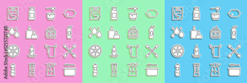Set line Sauna bucket and ladle, Cotton swab for ears, Spray can hairspray, Honey dipper stick bowl, Burning candle, Water drop, Leaf document and Cream lotion cosmetic tube icon. Vector