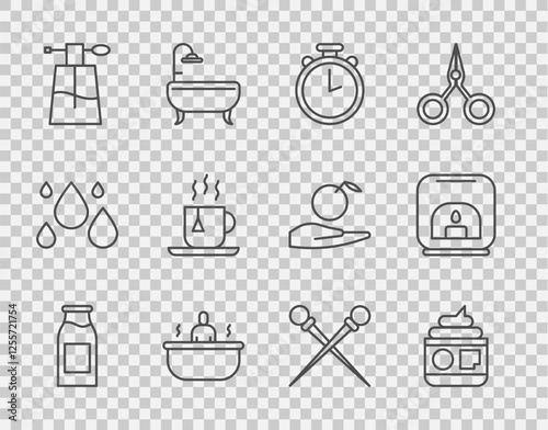 Set line Bottle with milk, Cream or lotion cosmetic tube, Stopwatch, Bathtub, Perfume, Cup of tea tea bag, Knitting needles and Aroma lamp icon. Vector