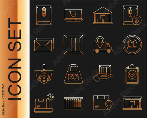 Set line Warehouse, Verification of delivery list clipboard, This side up, Wooden box, Envelope, and Delivery tracking icon. Vector