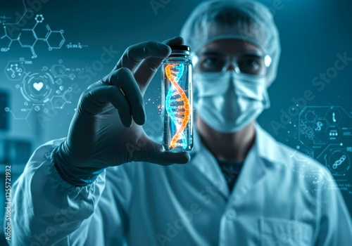 Close up doctor holds vial with glowing DNA double helix structure or molecule. CRISPR gene editing, gene therapy. Treatment of blood cancer and hereditary disease. Genetics innovation. 