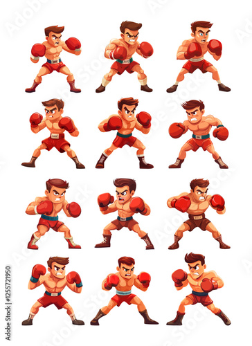 Angry boxers cartoon vector set. Martial art red gloves man wrestlers striker arena rivalry enraged ready to fight sport fighter character, competition brawlers puncher ring pugilist isolated
