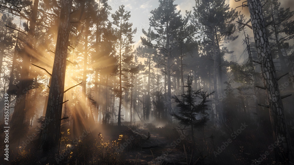 Fototapeta premium Towering pine forest, sunbeams streaming through tall trees, rich earthy tones, moody and serene atmosphere, crisp details of bark and leaves Cinematic Scene