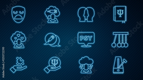 Set line Metronome with pendulum, Pendulum, Bipolar disorder, Addiction to the drug, Broken heart divorce, Drama theatrical mask, Psychology, Psi and icon. Vector