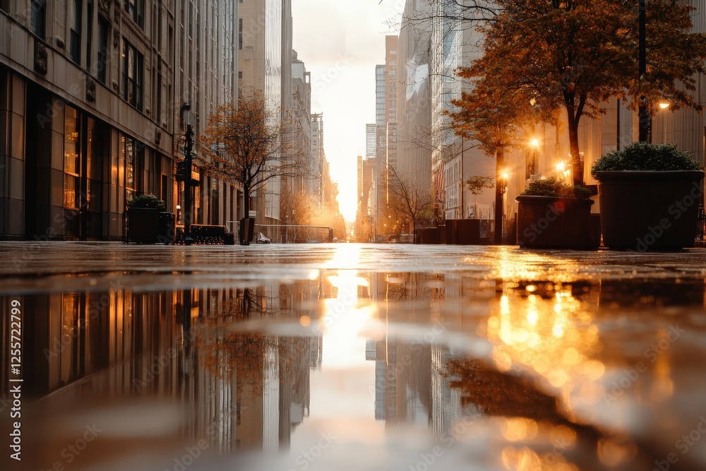 Obraz premium Golden reflections on a quiet city street after rain at sunset