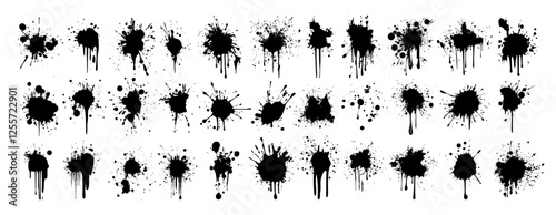 Black blots and splashes vector set. Patches blemishes smears drips dots street art stains graffiti aerosol grunge textures, isolated illustrations on white background