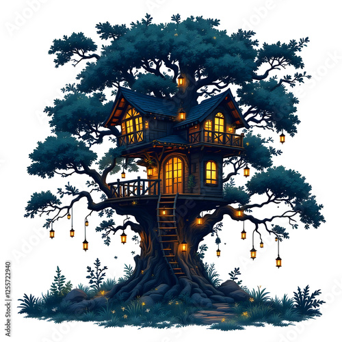 A treehouse lit by lanterns, glowing in the dark photo